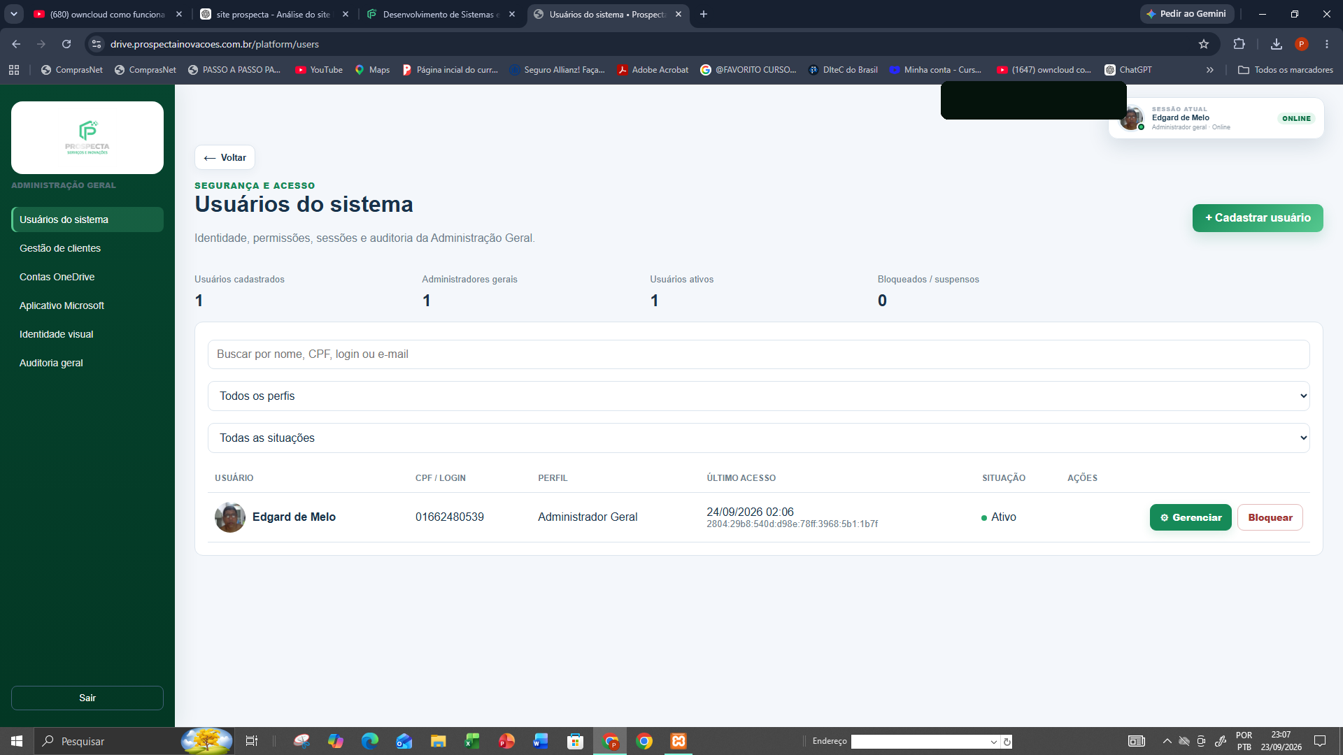 Painel do Prospecta Drive